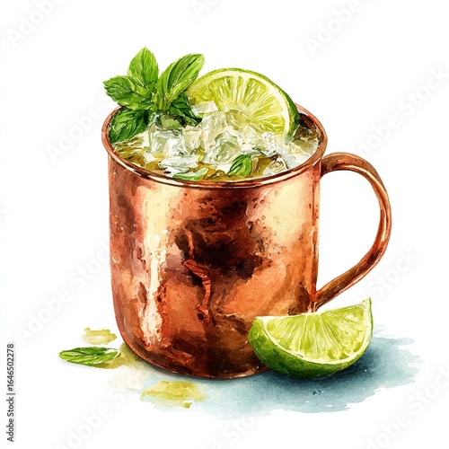 Moscow mule PNG cocktail in a copper mug with crushed ice, lime slice, and mint leaves. Watercolor illustration isolated on transparent background. Classic mixed drink art. High quality