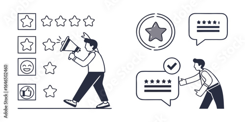 Review  set icons. Containing feedback, rating, testimonial, satisfaction, comment, opinion, like, customer, recommend and more. Solid vector icons col.