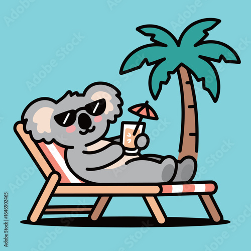 A cute cartoon koala bear wearing sunglasses and drinking a cocktail while relaxing in a beach chair under a palm tree, representing summer, vacation, and relaxation.