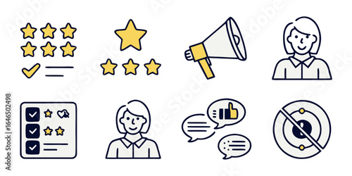 Review  set icons. Containing feedback, rating, testimonial, satisfaction, comment, opinion, like, customer, recommend and more. Solid vector icons col.
