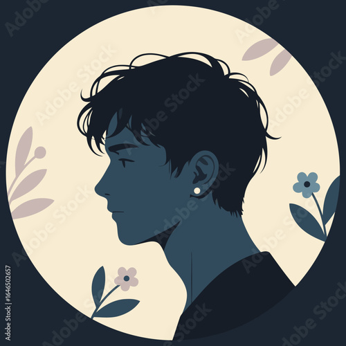 A minimalist portrait of a person's profile with dark hair and a simple earring, surrounded by delicate leaves and flowers, in a calm, modern illustration.