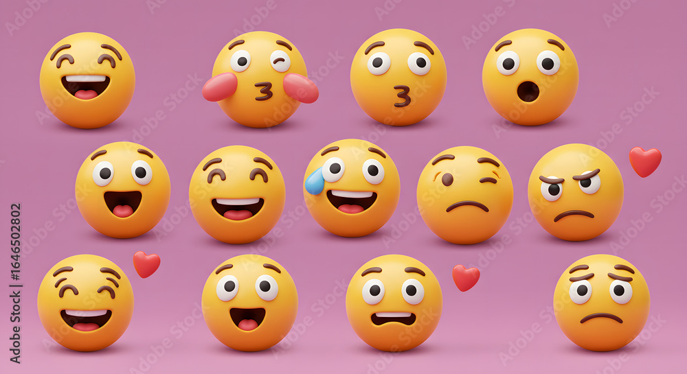 Obraz premium A diverse collection of 3D emoticons and smiley faces expressing a wide range of human emotions for digital communication.