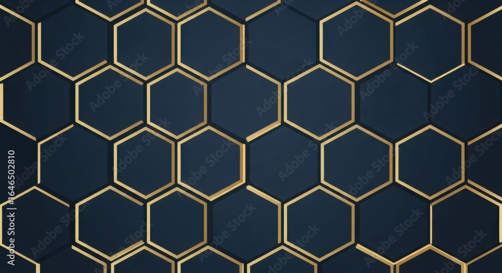 Minimal hexagon pattern wallpaper in vector style with metallic gold and dark blue color scheme. Minimal hexagon pattern wallpaper in vector style with metallic gold and dark blue color scheme.