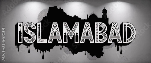 Modern Islamabad Typography Art with Skyline Silhouette, Unique Architectural Elements, Monochrome Wall Mural Illustration