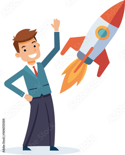 a man holding onto a launched rocket on white