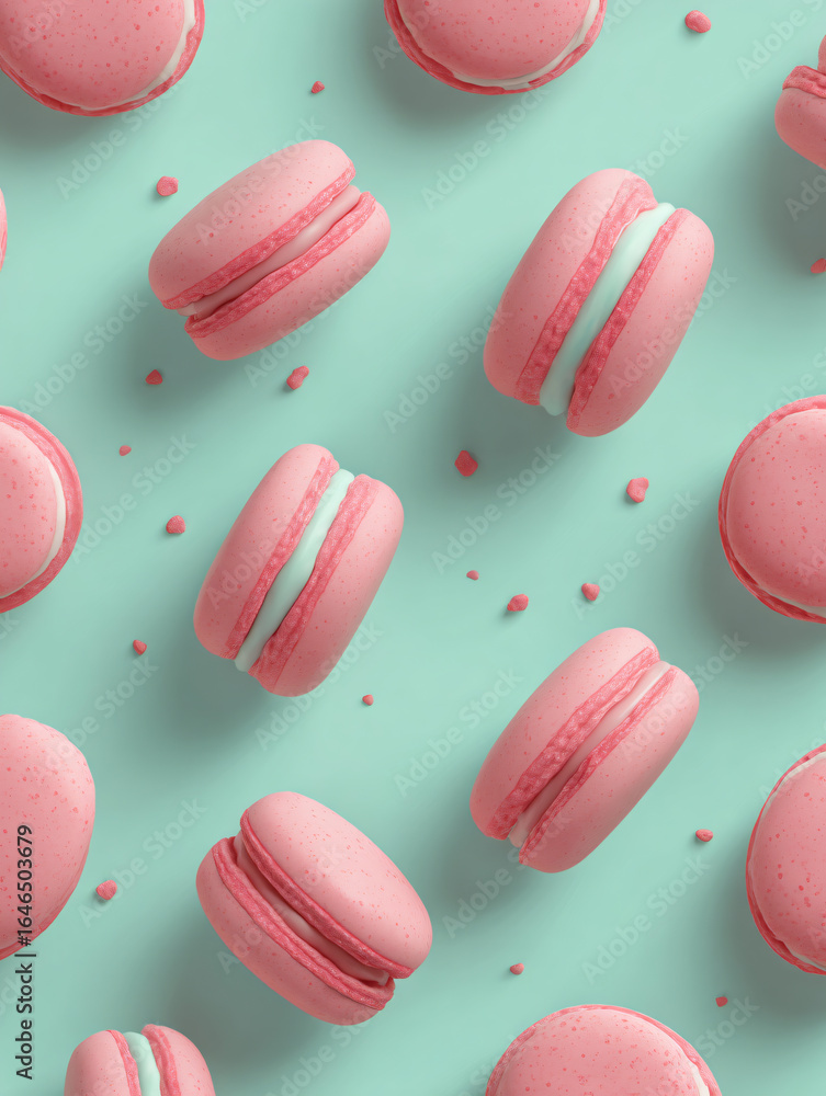 Fototapeta premium Macarons Pink Dessert Pastel Food Sweet Pastry Confection Bakery French Mint Color Flatlay Tasty Round Cream Sugar Treat Gourmet Delicious Snack 