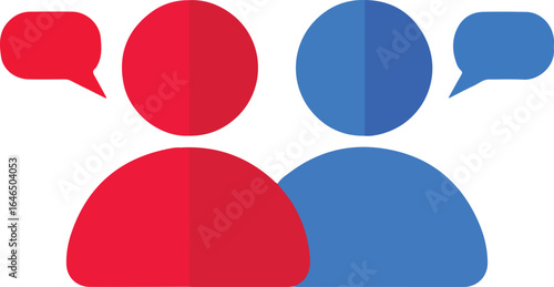Two stylized figures in red and blue with speech bubbles on a white background communication conversation style vector illustration EPS file download