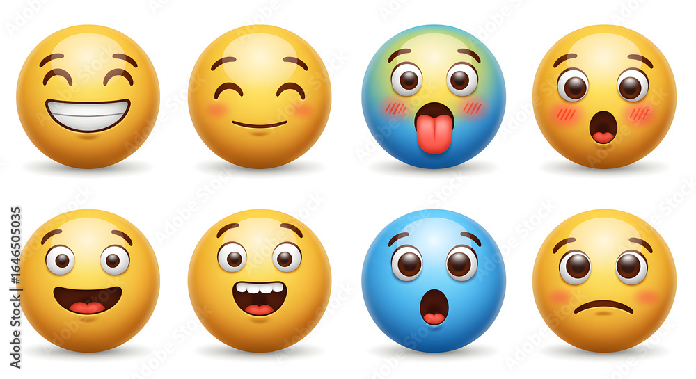 Obraz premium Collection of 8 Smiling and Expressive Emoji Faces Happiness, Surprise, and Various Emotions 