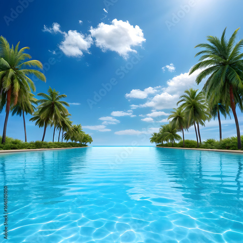 Infinity Pool Overlooking Ocean with Palm Trees     Tropical Luxury Resort and Serene Vacation Scene