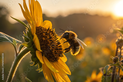 Bumblebee Gathering Pollen from Sunflower in Golden Hour Light, Spring Pollinator Action Shot