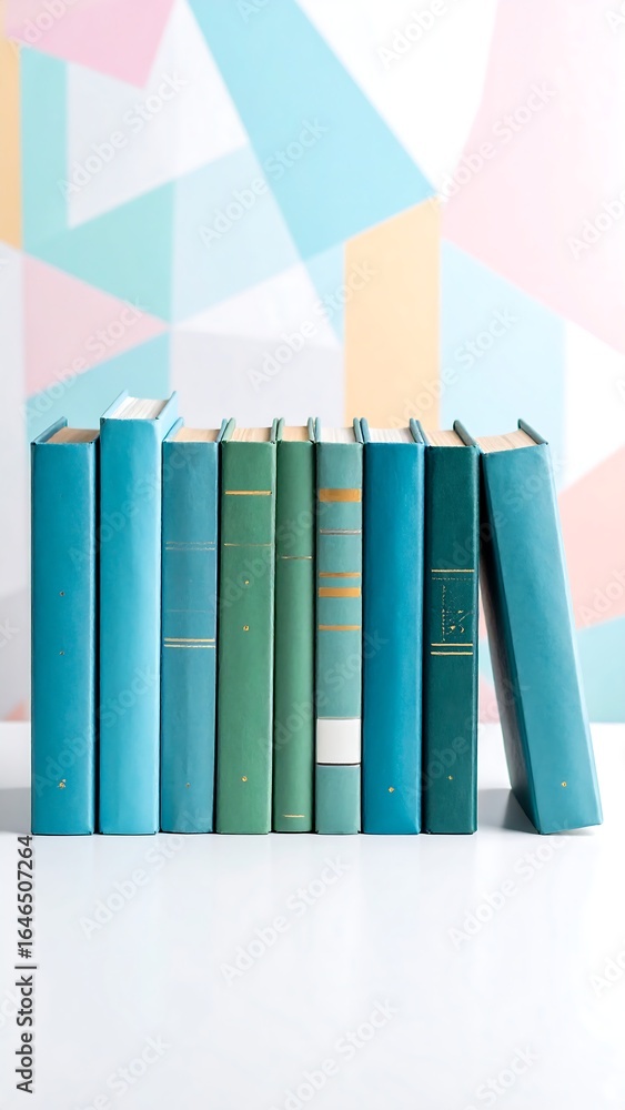 Fototapeta premium Teal and green books on white surface