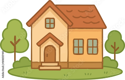 집, 귀여운, 초록, 주황, 따뜻한, home, 건물, 건축, 뜰, 목초, 나무, 경관, 부동산, 네이처, 지붕, 방갈로, 동네, 윈도우, 문, sky, 여름, 주거, 건설, 외관, 들판