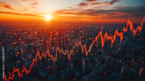Red line graph overlaying a cityscape at sunset or sunrise.