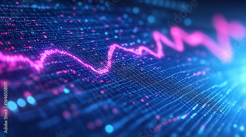 Abstract digital display with a pink waveform and blue background.