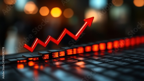 Red arrow pointing up on keyboard with blurred background suggesting business growth.