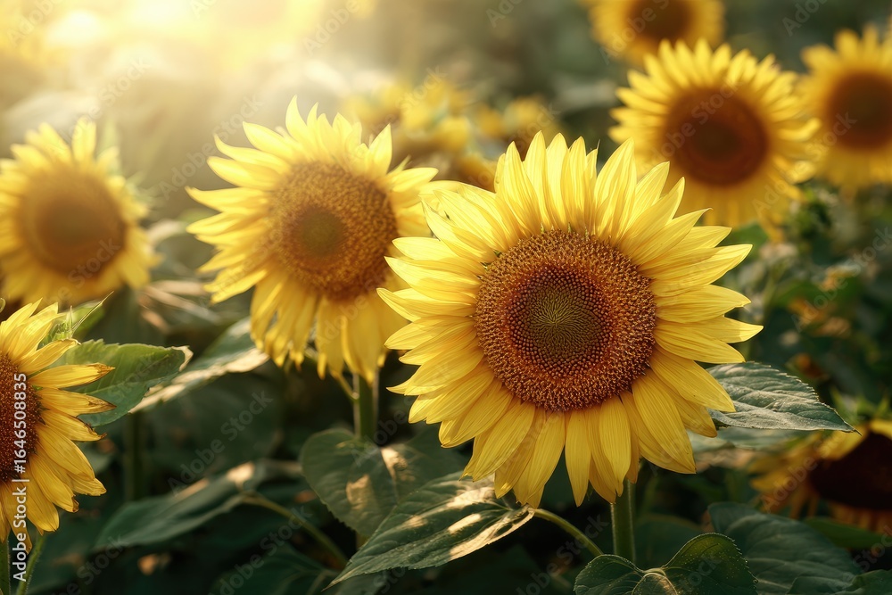 Fototapeta premium Sunflowers in a field, bathed in golden sunlight