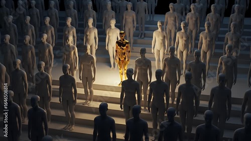 A golden figure stands out amongst rows of identical grey figures on stairs