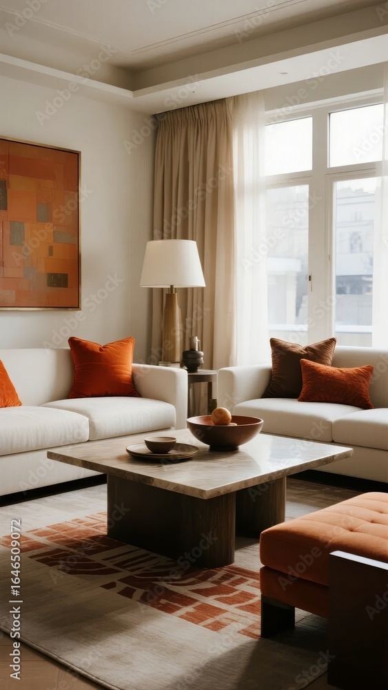 Fototapeta premium Modern Living Room with Neutral Tones and Warm Accents