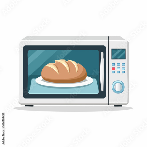 A cartoon illustration showing a loaf of bread inside a microwave oven, ready to cook.