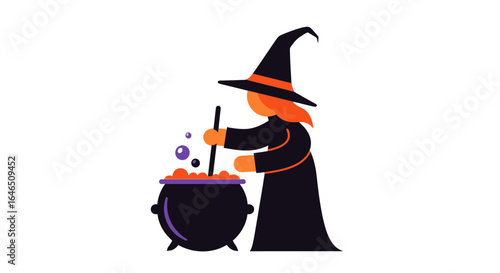 Charming witch character concocting a magical potion in her cauldron