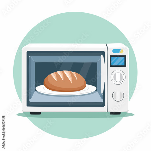 A cartoon illustration of a microwave oven with a loaf of bread inside, ready to heat.