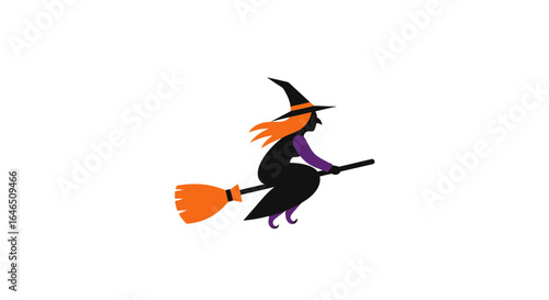Colorful Halloween witch soaring on broom for holiday illustration