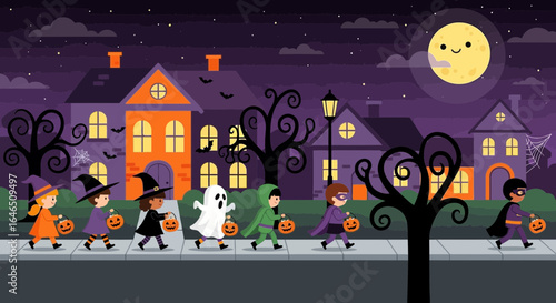 Children dressed up in costumes for Halloween are trick or treating