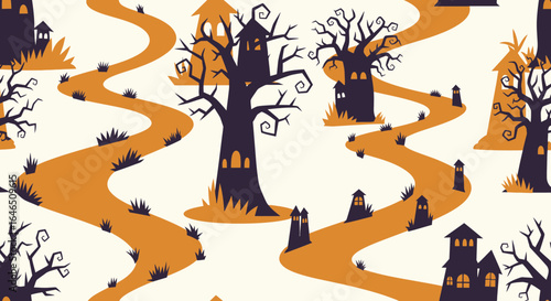 Eerie path through a stylized, whimsical haunted landscape with trees