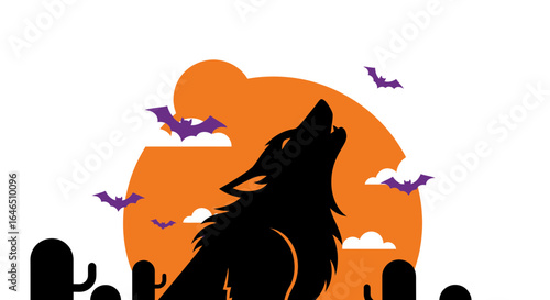 Halloween night with howling wolf and spooky bats against full moon backdrop