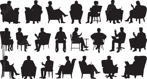 Collection of black silhouette figures sitting in chairs using laptops and phones people