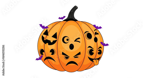Multifaceted Halloween Pumpkin with Dynamic Emotive Carvings and Bats Accent