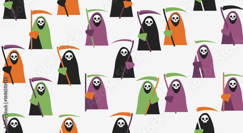 Repeating colorful grim reaper pattern on a white background, seamless design