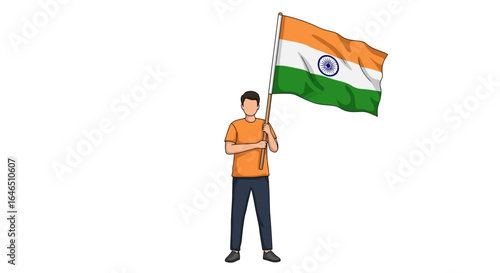 Proud man holding India national flag, celebrating freedom and patriotism with vibrant national colors