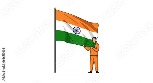 Man proudly hoists India's national flag, symbolizing patriotism and national pride in a clean, modern style.