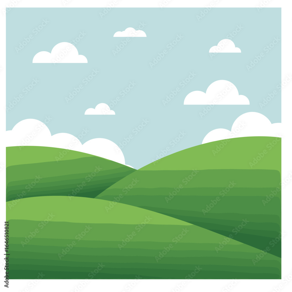 Fototapeta premium A rolling green landscape with gentle hills, under a bright blue sky with scattered clouds, evoking tranquility and natural beauty