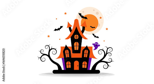 Spooky halloween house illustration with bats moon stars and ghostly spirit