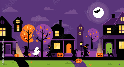 Spooky Halloween night scene with kids trick or treating in a colorful neighborhood