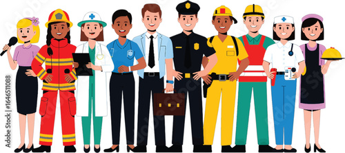 Diverse group of people in various professions holding items and tools diversity teamwork