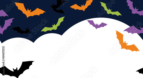 Whimsical Halloween backdrop with flying bats over stylized cloudscape