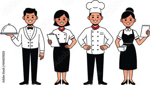 Four cartoon characters in restaurant uniforms on white background hospitality service