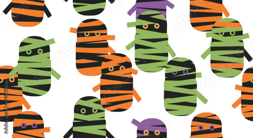 Playful Halloween: Seamless Pattern of Cartoon Mummies on a White Background