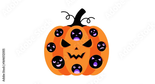 A Unique Orange Pumpkin with Various Emotional Faces for Halloween Decor
