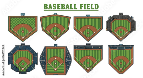 Set of baseball fields in clean vector style, stacked vertically, unique proportions, grass patterns alternating checkerboard, stripes, solid green, brown infield, white bases, foul lines, dugouts