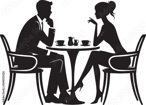 Silhouette of man and woman sitting at table having coffee or tea in black and white couple