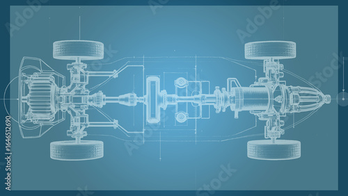 Detailed Car Chassis Blueprint with Wheels and Engine on a Blue Background