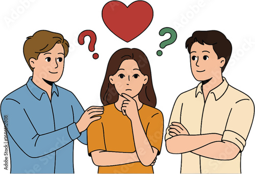 Woman contemplating between two men with heart and question marks above her head love choice