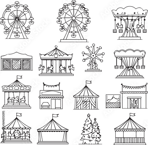 Charming carnival attractions icons for festive designs, scalable for any size, great for event posters, party invites, and playful marketing campaigns