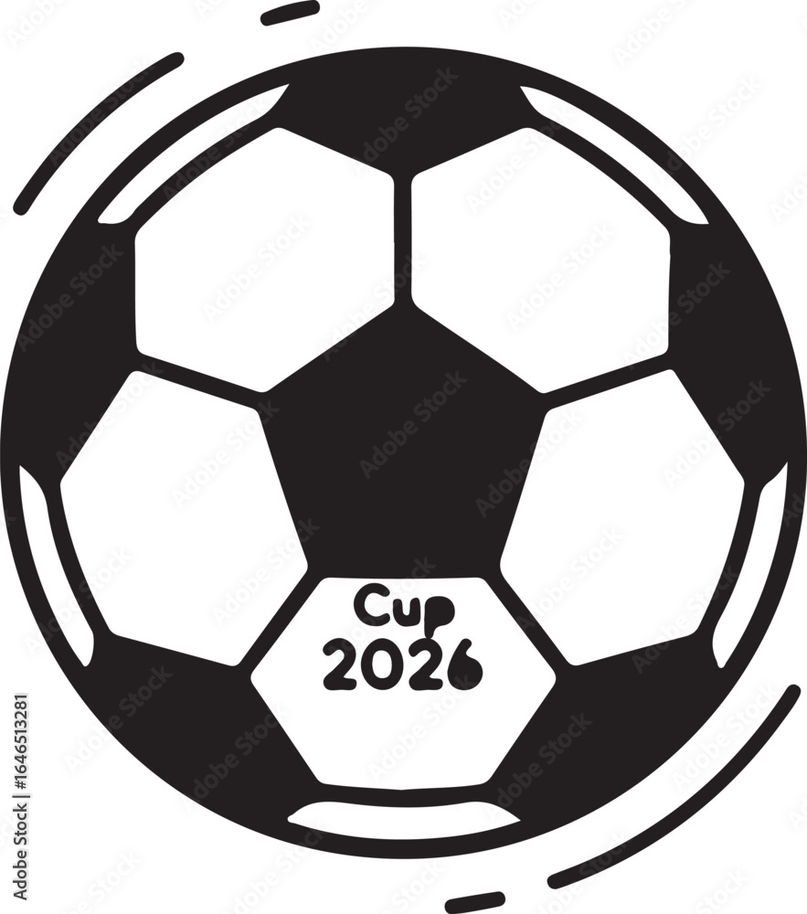 Obraz premium Black and white graphic illustration of a soccer ball with text Cup 2026 and motion lines football sport style vector illustration EPS file download