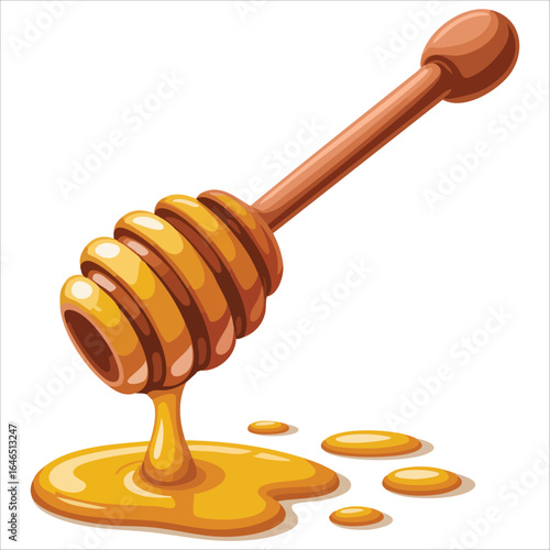 golden honey flowing from dipper vector art isolated white