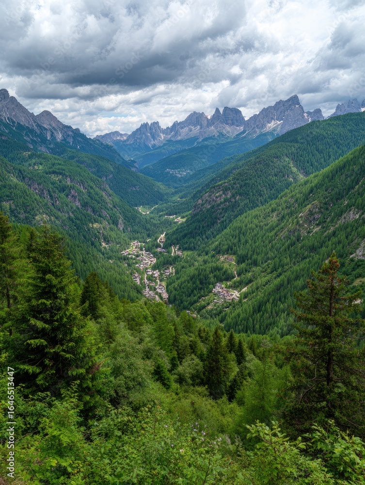 Obraz premium Mountain valley, lush green forests, dramatic clouds